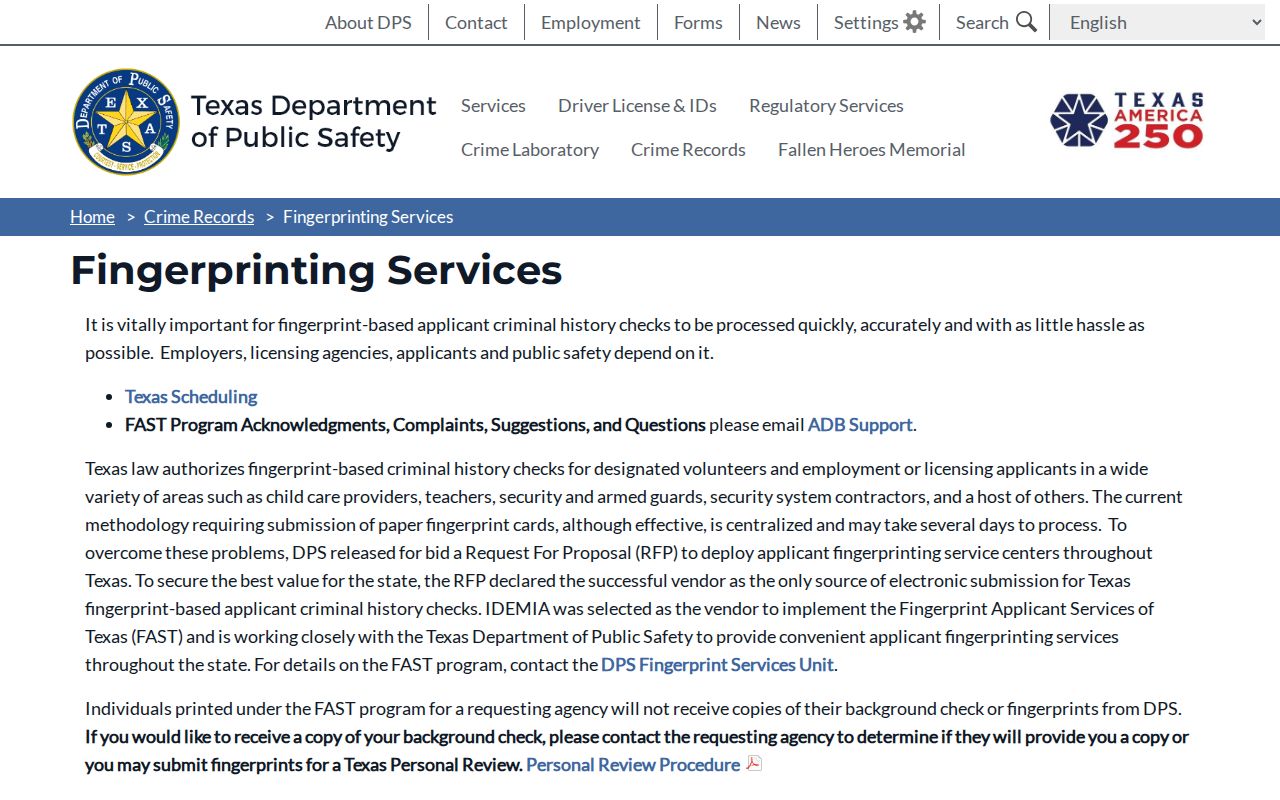 Taylor County arrest history DPS fingerprinting services
