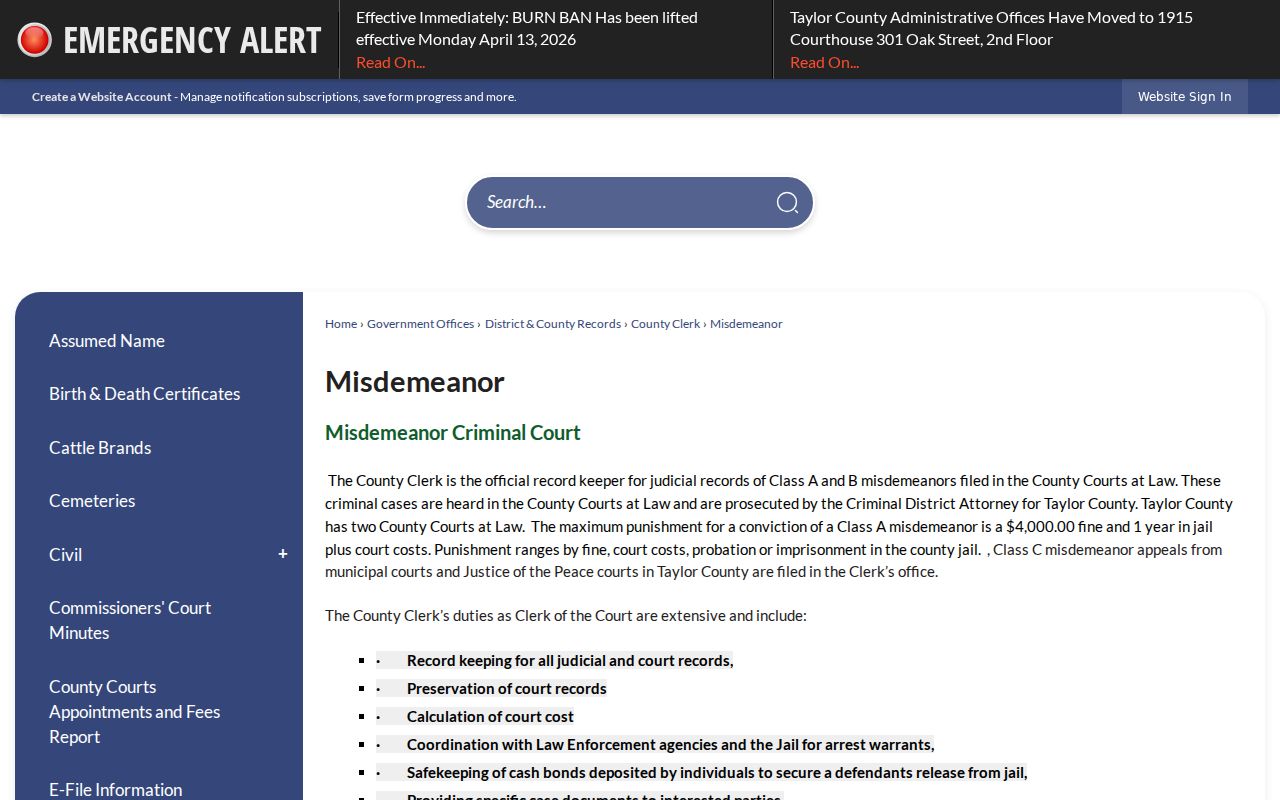 Taylor County misdemeanor criminal records office